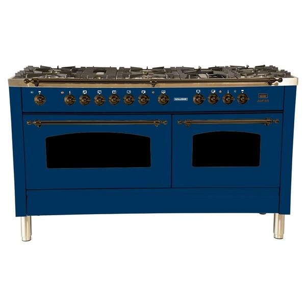 HALLMAN 60" Dual Fuel Italian Range, LP Gas, Bronze Trim in Blue