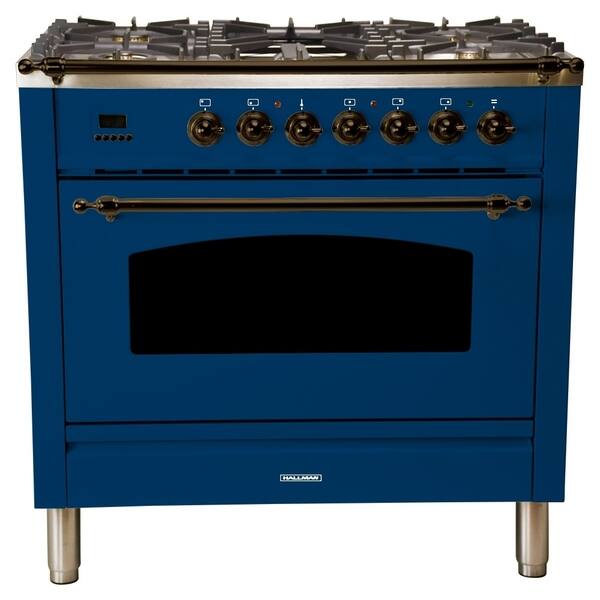 HALLMAN 36" Dual Fuel Italian Range, LP Gas, Bronze Trim in Blue
