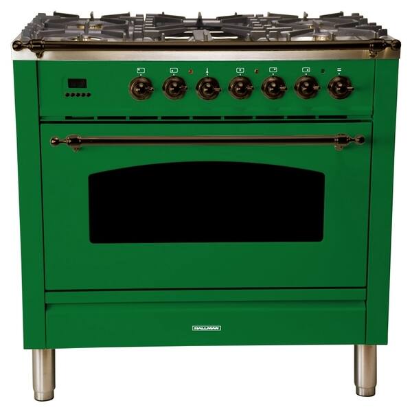 HALLMAN 36" Dual Fuel Italian Range, LP Gas, Bronze Trim in Emerald