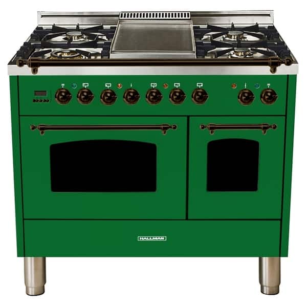 HALLMAN 40"Dual Fuel Italian Range, LP Gas, Bronze Trim in Emerald