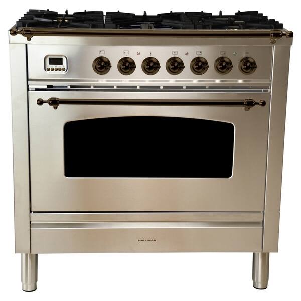 HALLMAN 36" Dual Fuel Italian Range, Bronze Trim in Stainless Steel