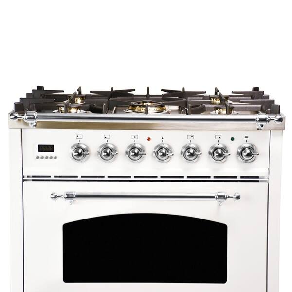 HALLMAN 30" Dual Fuel Italian Range, LP Gas, Chrome Trim in White Bed