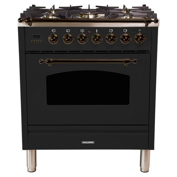HALLMAN 30" Dual Fuel Italian Range, LP Gas, Bronze Trim in Glossy Black 22889219