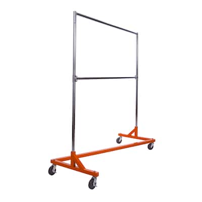 Econoco Rolling Garment Rack with Orange Z-Base, Chrome Hangrail and uprights, and add-on hangrail included