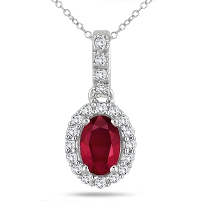 6x4MM Oval Ruby and Diamond Halo Pendant in 10K White Gold