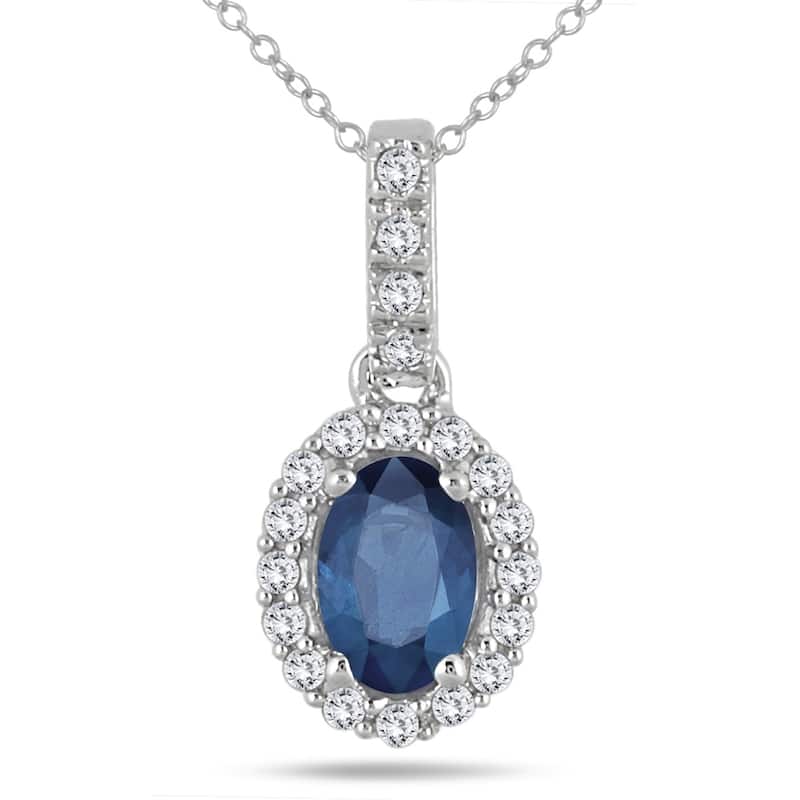 6x4MM Oval Sapphire and Diamond Halo Pendant in 10K White Gold