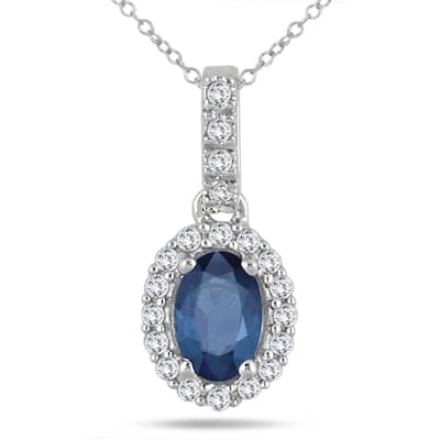 6x4MM Oval Sapphire and Diamond Halo Pendant in 10K White Gold