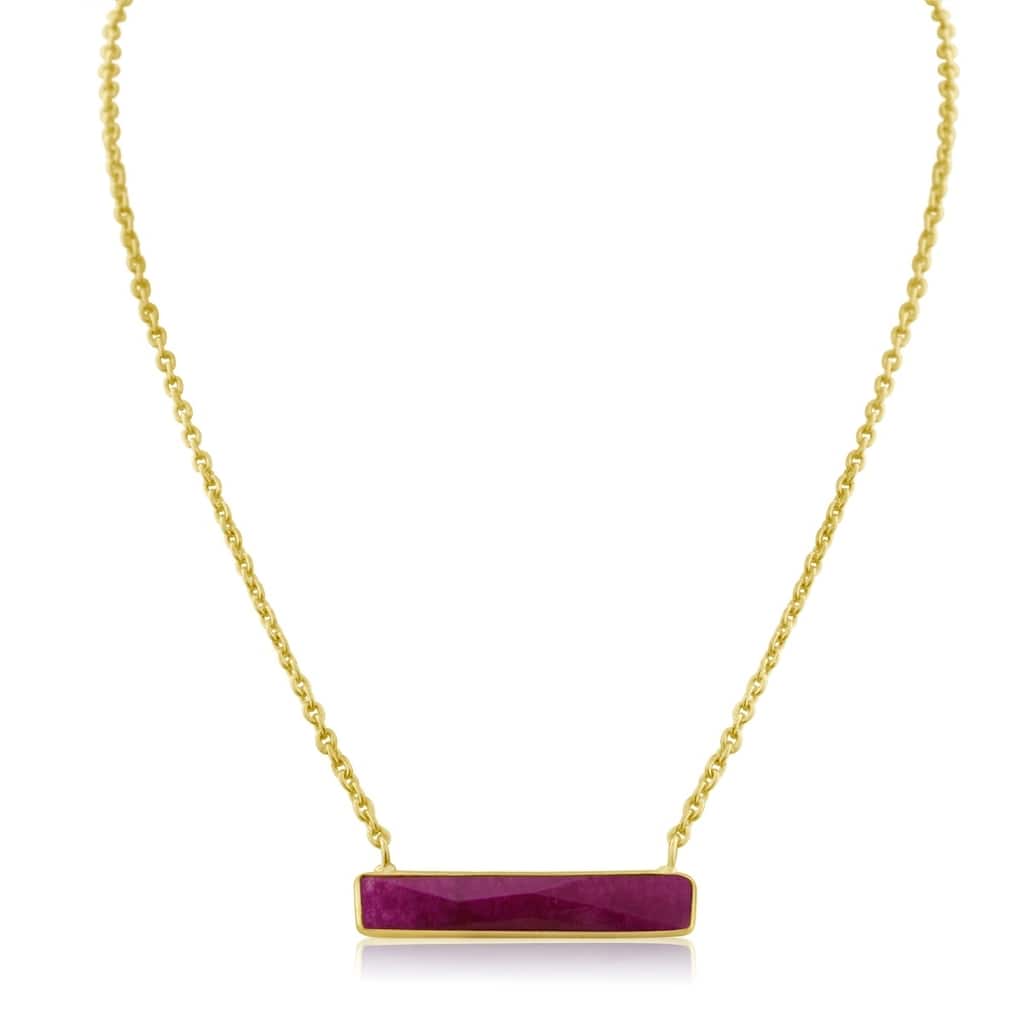 10 Carat Created Dyed Ruby Bar Necklace In Yellow Gold Overlay