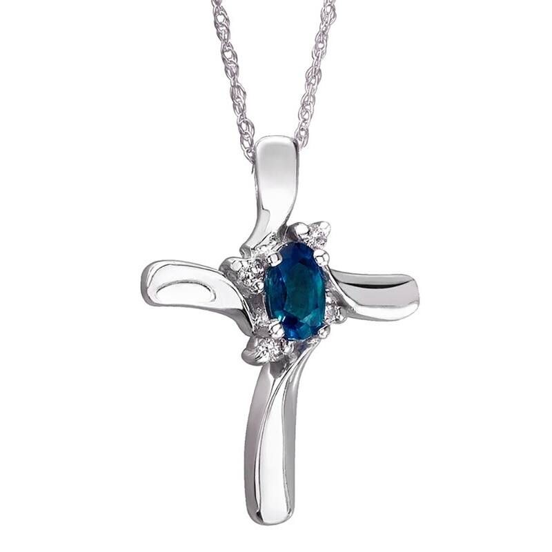 Sapphire and Diamond Cross Pendant 10k White Gold