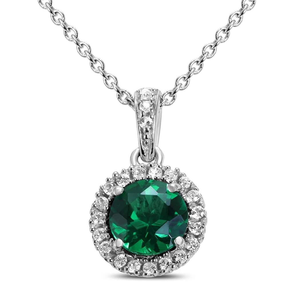 Lab Created Emerald and White Sapphire Halo Pendant Necklace in .925 Sterling Silver