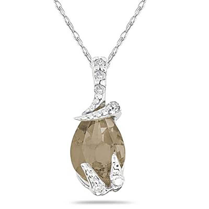 Pear Shaped Smokey Quartz and Diamond Pendant in 10k White Gold