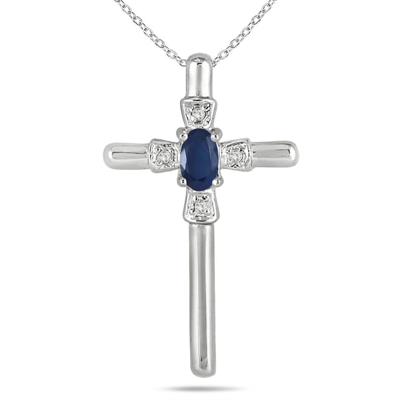 Sapphire and Diamond Cross Pendant 10K White Gold