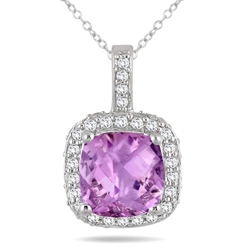 1 1/2 Carat Cushion Amethyst and Diamond Halo Pendant in 10K White Gold