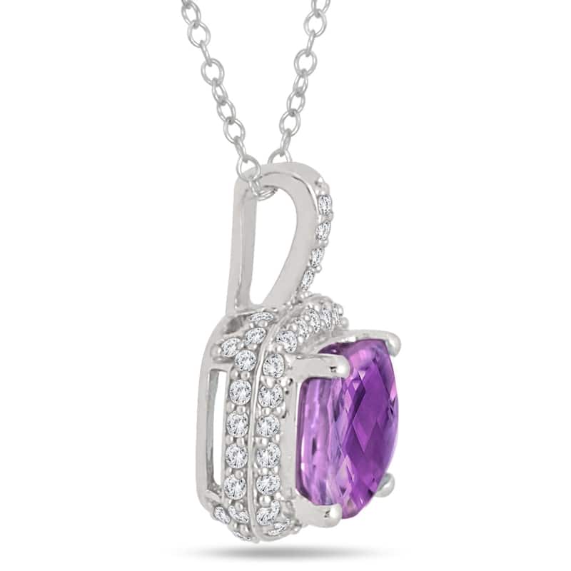 1 1/2 Carat Cushion Amethyst and Diamond Halo Pendant in 10K White Gold