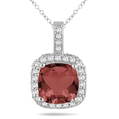 Garnet and Diamond Halo Pendant in 10K White Gold