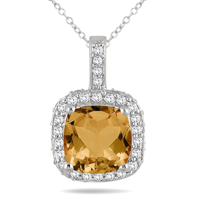 1 1/2 Carat Cushion Citrine and Diamond Halo Pendant in 10K White Gold