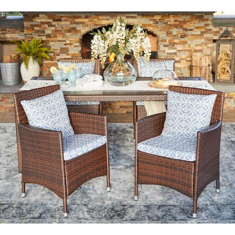 Handy Living Aldrich Indoor/Outdoor Brown Resin Rattan Dining Chair Set with Blue Geometric Cushions