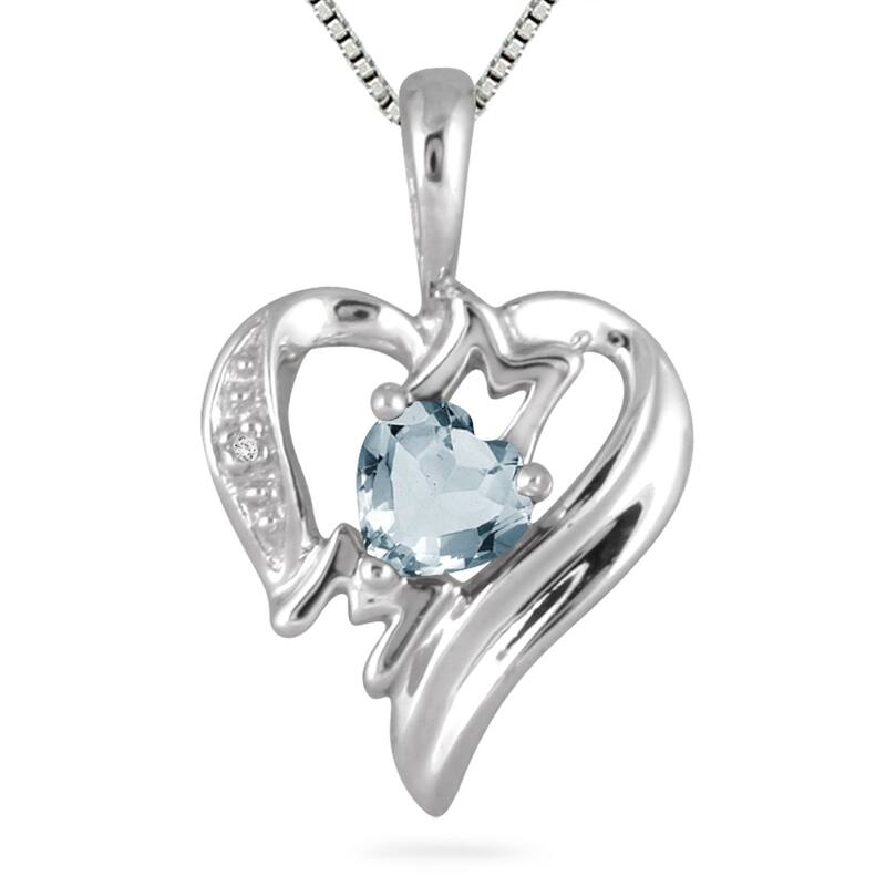 Aquamarine and Diamond Heart MOM Pendant in 10K White Gold
