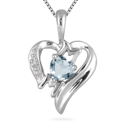 Aquamarine and Diamond Heart MOM Pendant in 10K White Gold