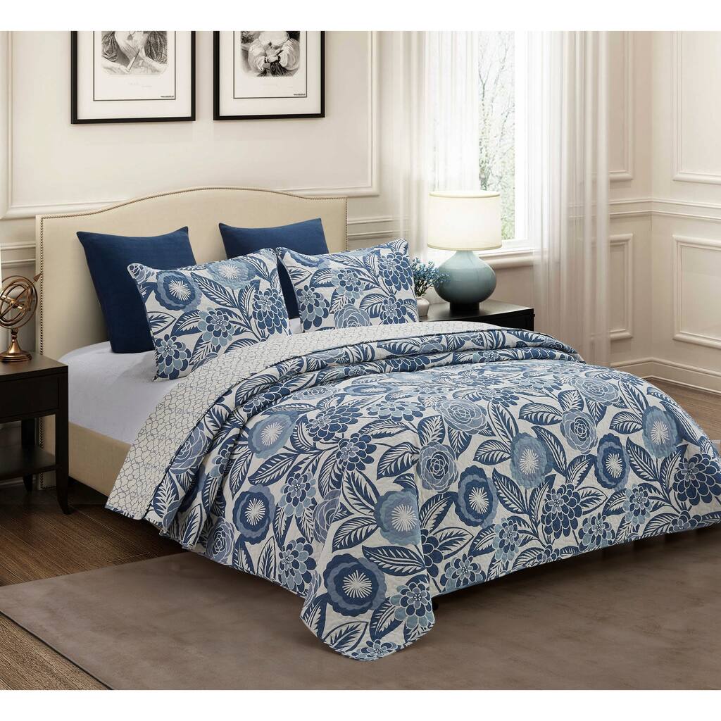 Azuri Blue Floral Reversible 3 Piece Quilt Set