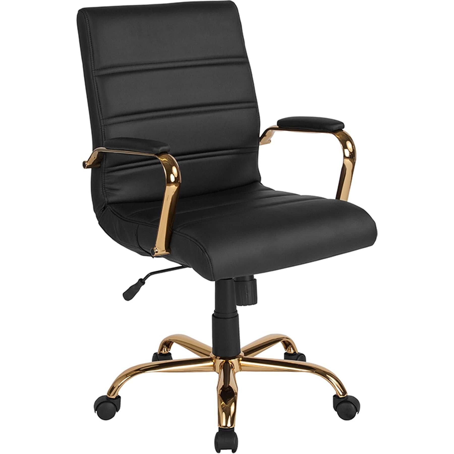 Galaxy Mid-Back Horizontal Stitching Black Leather Executive Adjustable Swivel Office Chair with Gold Frame