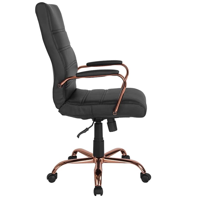 Galaxy High Back Horizontal Stitching Black Leather Executive Adjustable Swivel Office Chair with Rose Gold Frame
