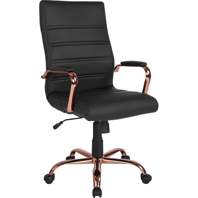 Galaxy High Back Horizontal Stitching Black Leather Executive Adjustable Swivel Office Chair with Rose Gold Frame
