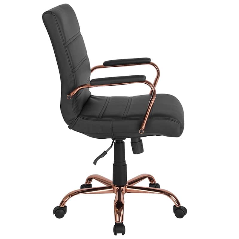 Galaxy Mid-Back Horizontal Stitching Black Leather Executive Adjustable Swivel Office Chair with Rose Gold Frame