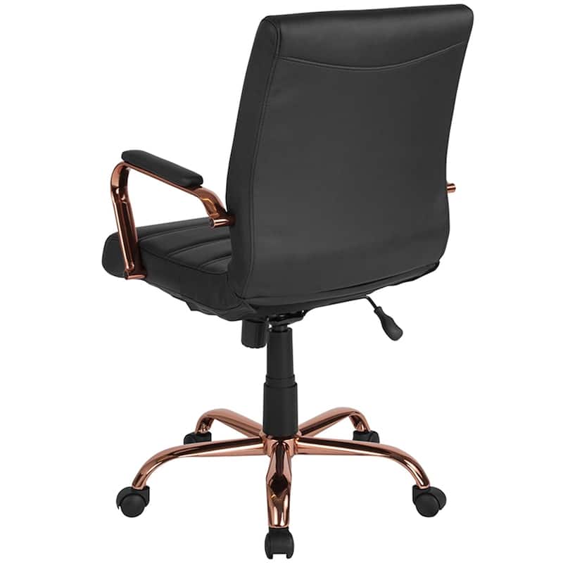 Galaxy Mid-Back Horizontal Stitching Black Leather Executive Adjustable Swivel Office Chair with Rose Gold Frame