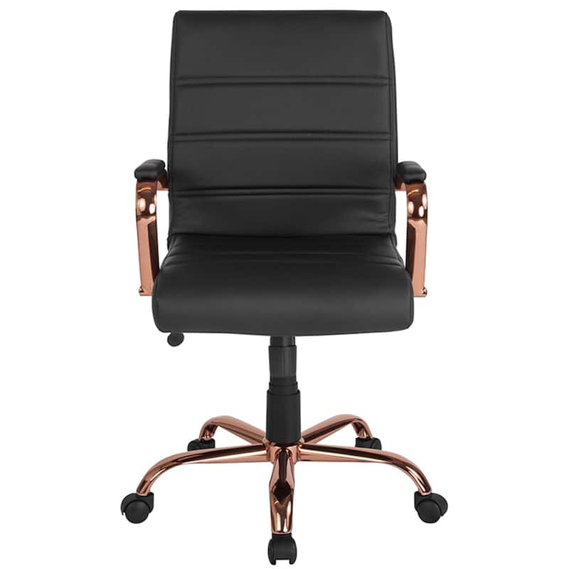 Galaxy Mid-Back Horizontal Stitching Black Leather Executive Adjustable Swivel Office Chair with Rose Gold Frame