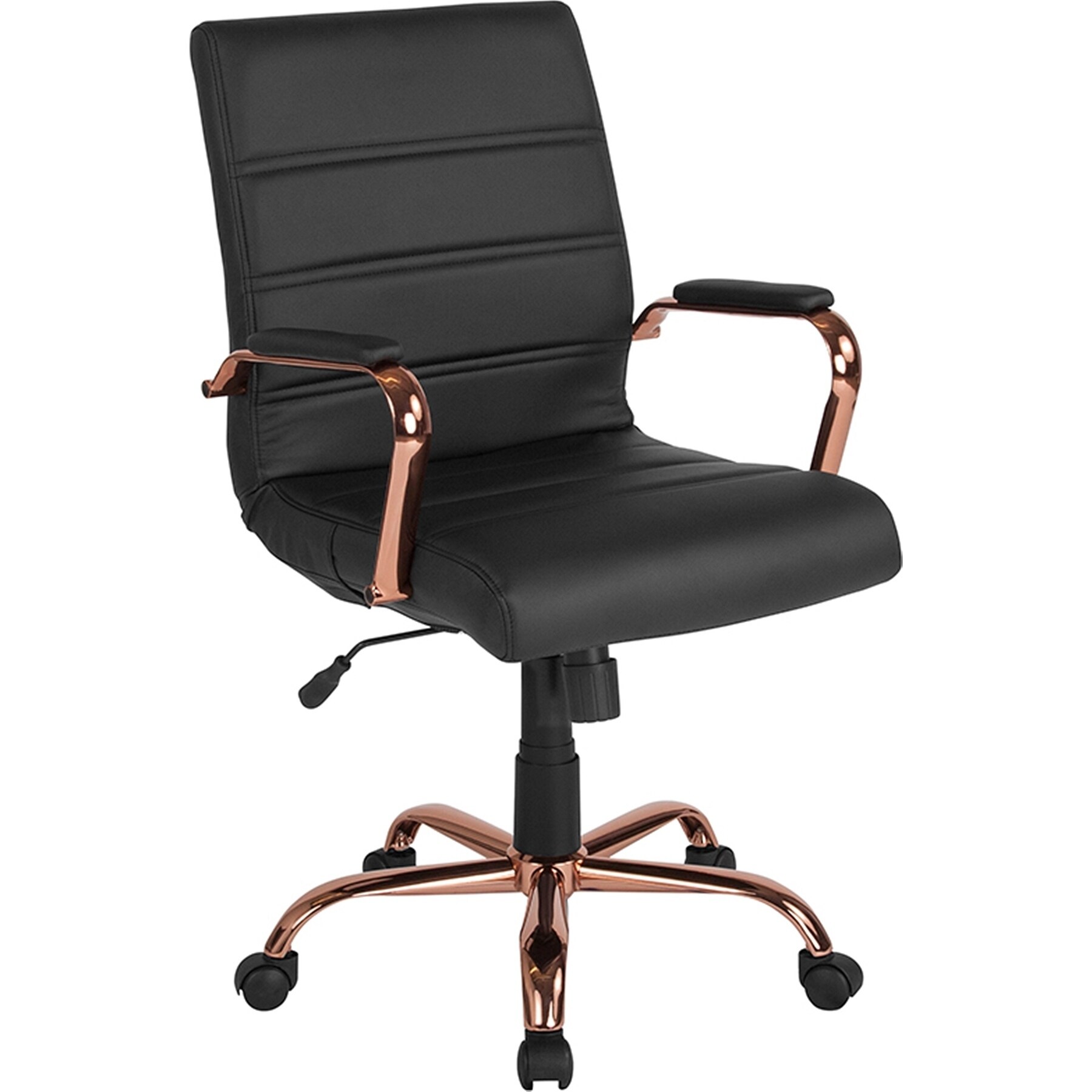 Galaxy Mid-Back Horizontal Stitching Black Leather Executive Adjustable Swivel Office Chair with Rose Gold Frame