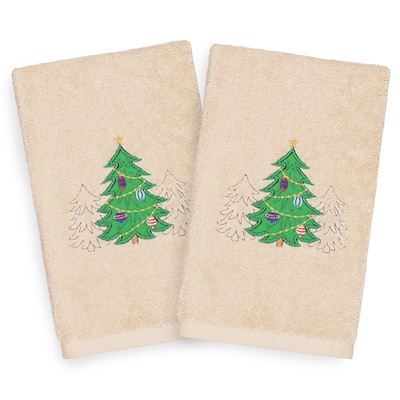 Authentic Hotel and Spa Turkish Cotton Christmas Trees Beige Set of 2 Hand Towels