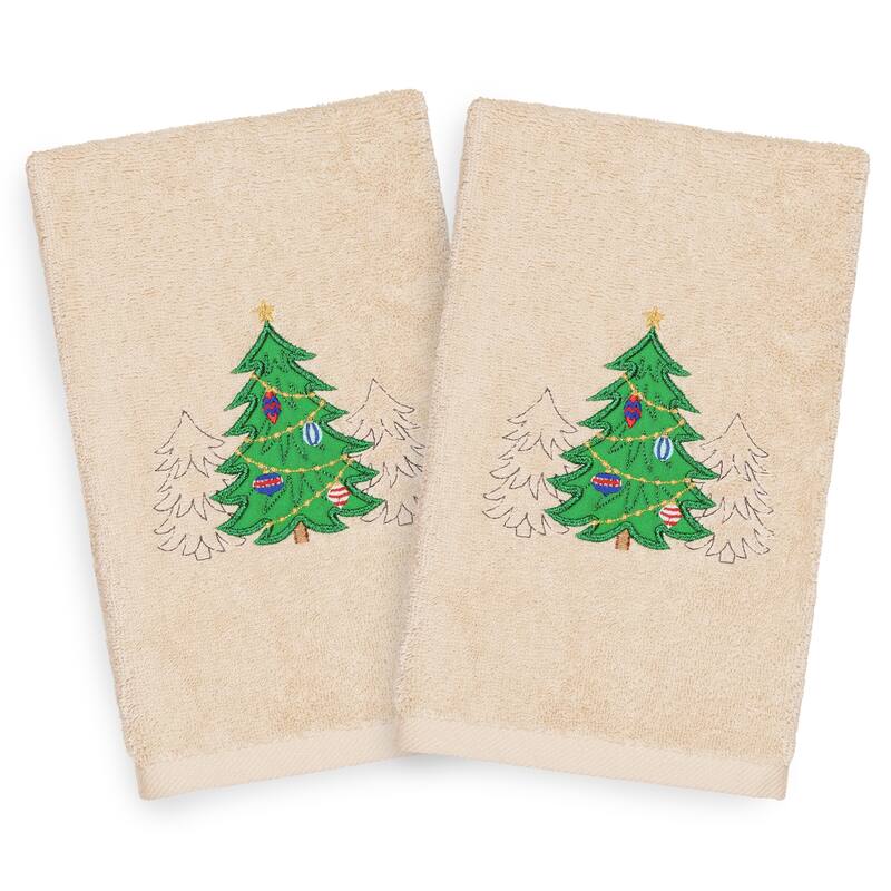 Authentic Hotel and Spa Turkish Cotton Christmas Trees Beige Set of 2 Hand Towels