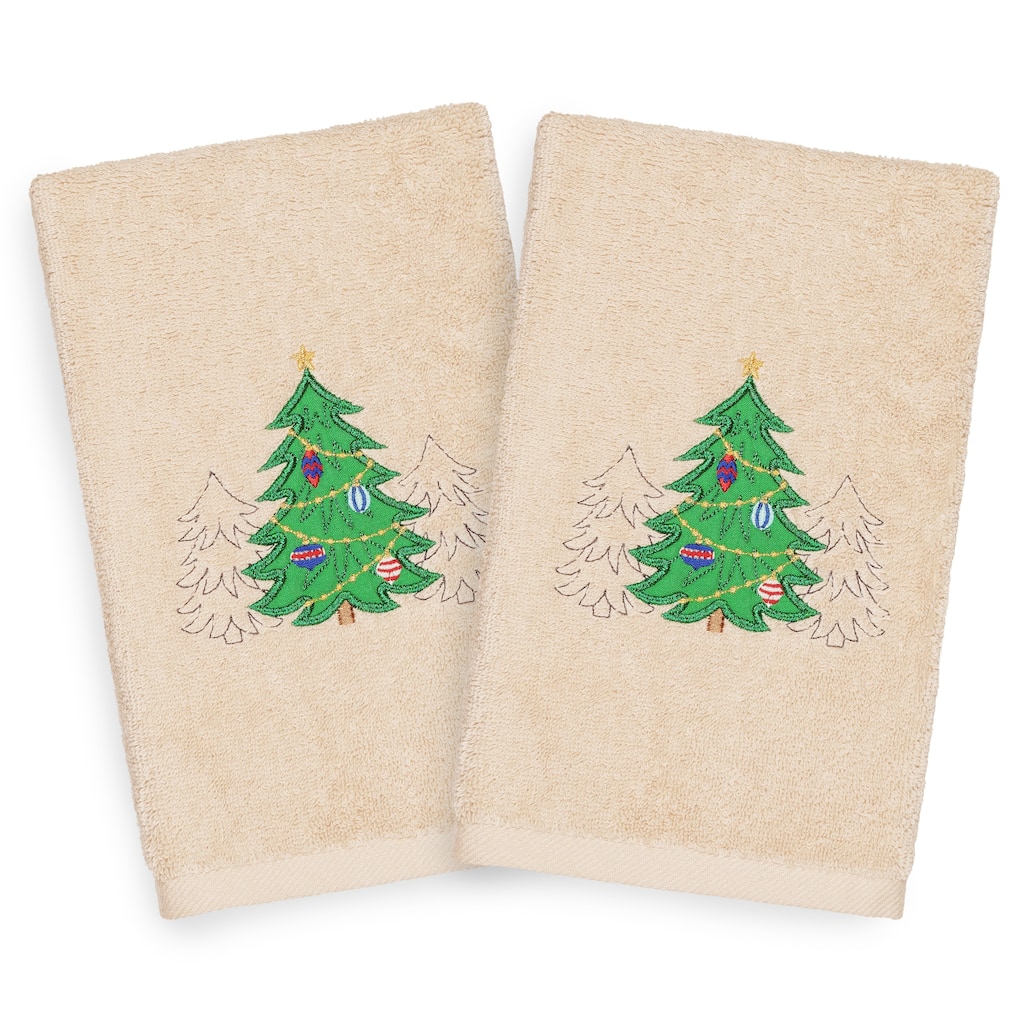 Authentic Hotel and Spa Turkish Cotton Christmas Trees Beige Set of 2 Hand Towels