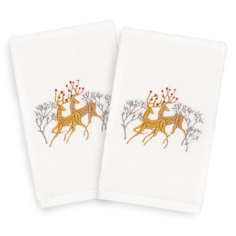 Authentic Hotel and Spa Turkish Cotton Gold Reindeer on White Set of 2 Hand Towels