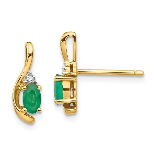 Curata 14k Yellow Gold Diamond And Genuine Emerald Earrings Curata 14k Yellow Gold Diamond And Genuine Emerald Earrings 5x14mm