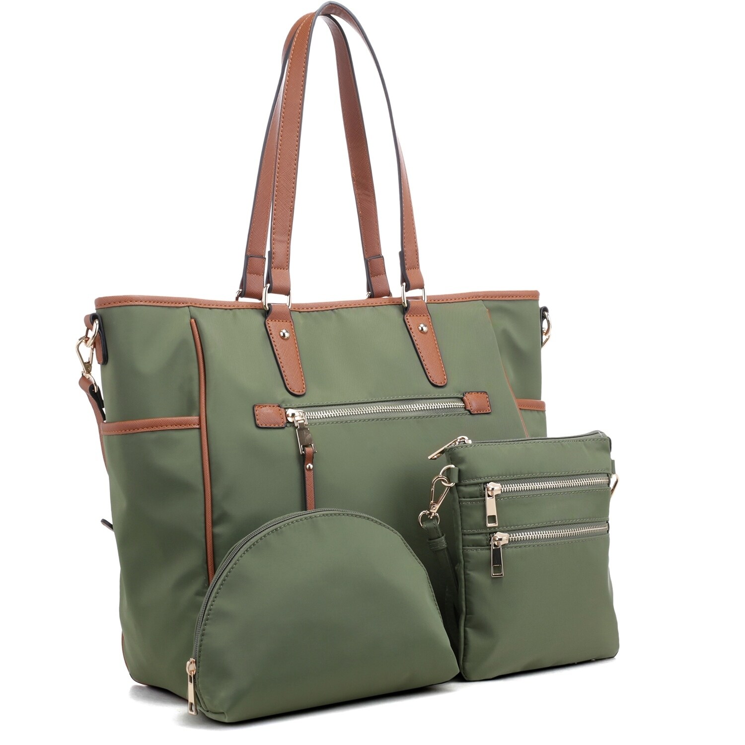 3 In 1 Large Classic Nylon Tote Set With Free Matching Mini Messenger Bag And Accessory Pouch