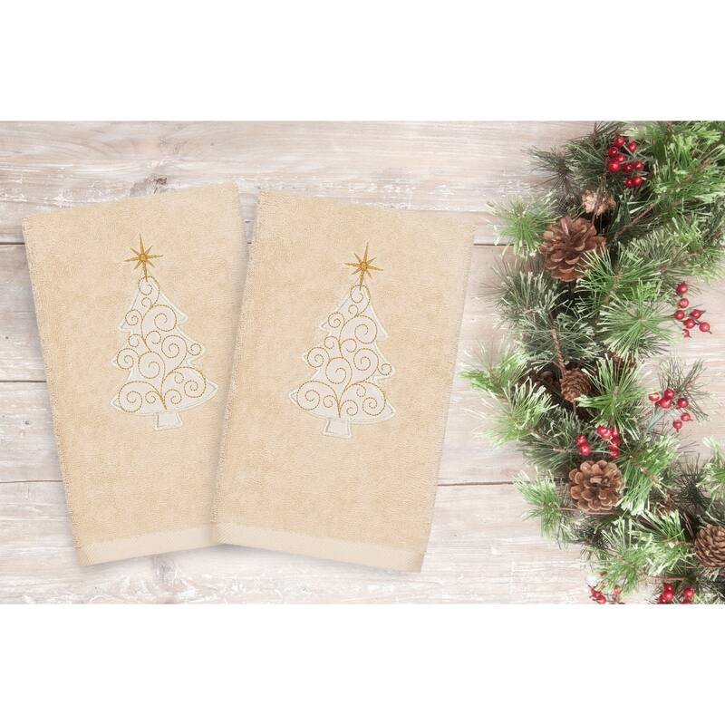 Authentic Hotel and Spa Turkish Cotton Christmas Scroll Tree Beige Set of 2 Hand Towels
