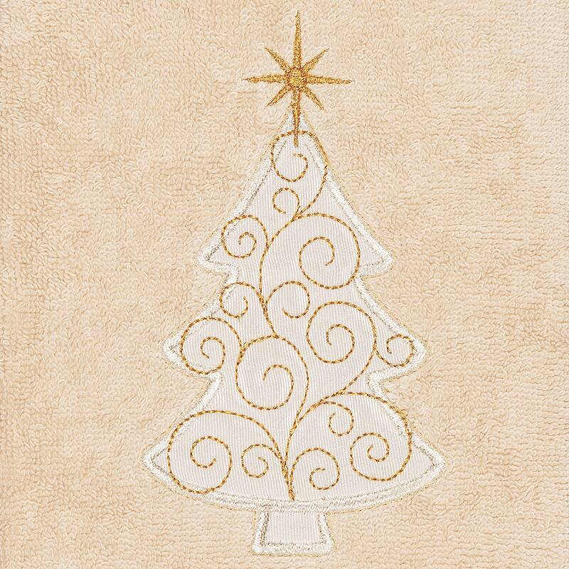 Authentic Hotel and Spa Turkish Cotton Christmas Scroll Tree Beige Set of 2 Hand Towels