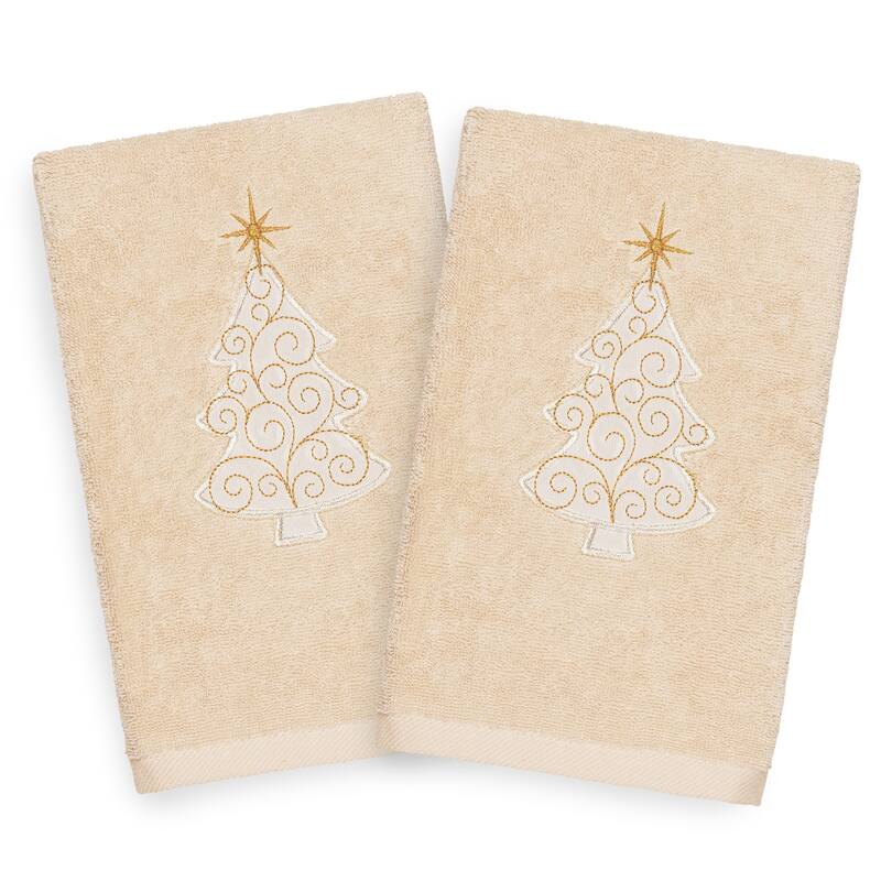 Authentic Hotel and Spa Turkish Cotton Christmas Scroll Tree Beige Set of 2 Hand Towels