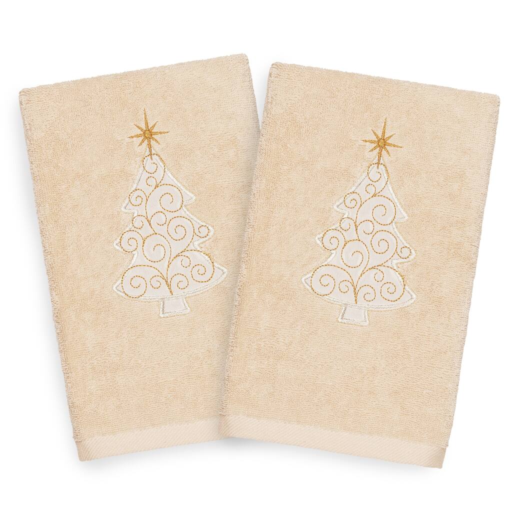 Authentic Hotel and Spa Turkish Cotton Christmas Scroll Tree Beige Set of 2 Hand Towels