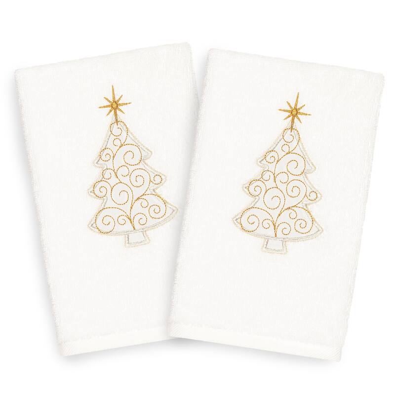 Authentic Hotel and Spa Turkish Cotton Christmas Scroll Tree White Set of 2 Hand Towels