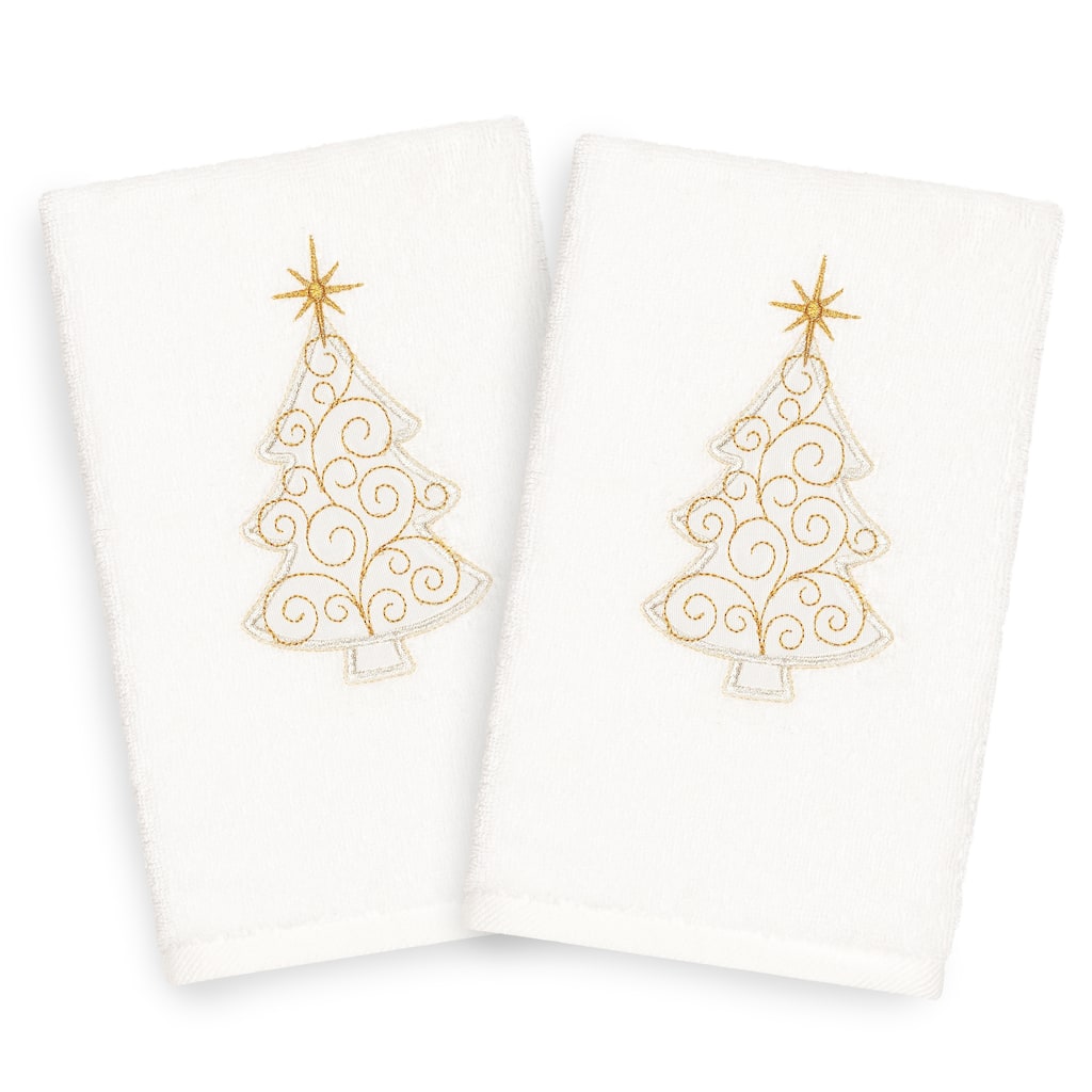 Authentic Hotel and Spa Turkish Cotton Christmas Scroll Tree White Set of 2 Hand Towels