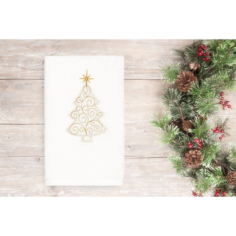 Authentic Hotel and Spa Turkish Cotton Christmas Scroll Tree White Hand Towel