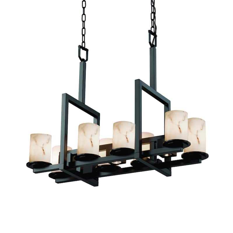 Justice Design LumenAria Dakota 8-light Matte Black Chandelier, Faux Alabaster Cylinder w/ Flat Rim Shade