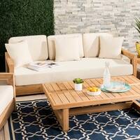 Safavieh Couture Outdoor Montford Teak Brown/ Beige 3-Seat Commercial Grade Sofa