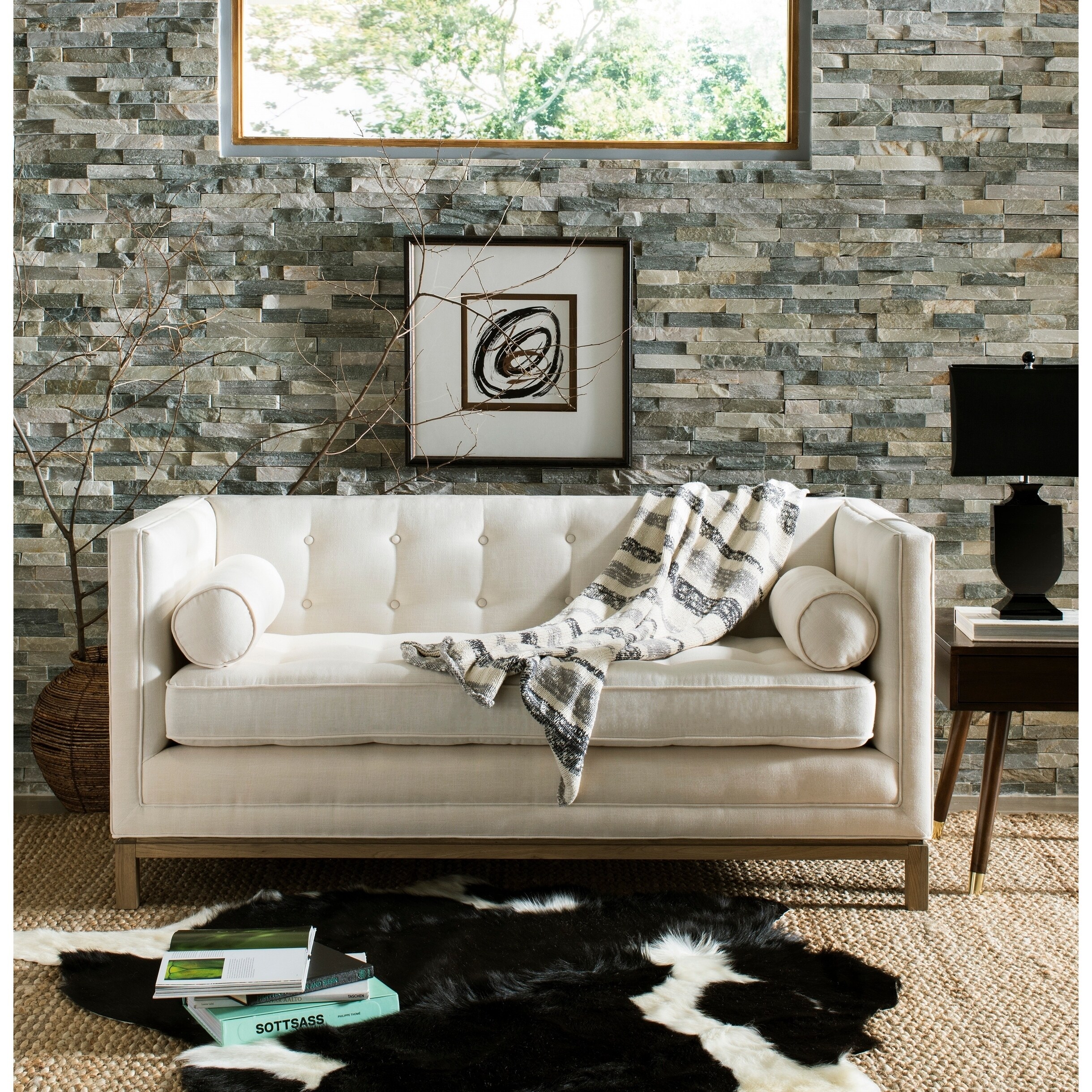 Safavieh Couture Elaina Cream Linen Metal Wood Tufted Sofa With Arm Pillows