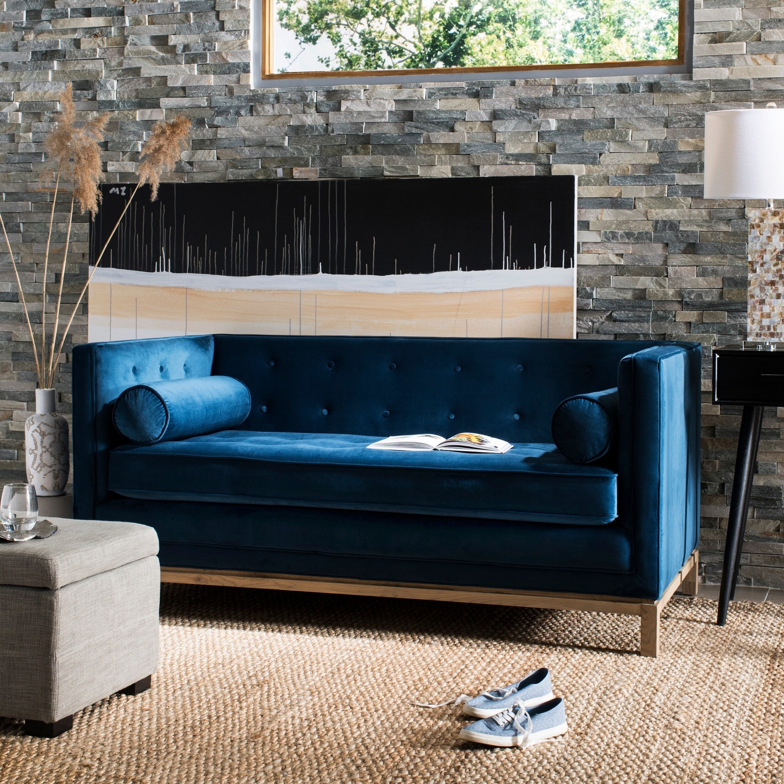 Safavieh Couture Elaina Navy Velvet Wood Tufted Sofa With Arm Pillows
