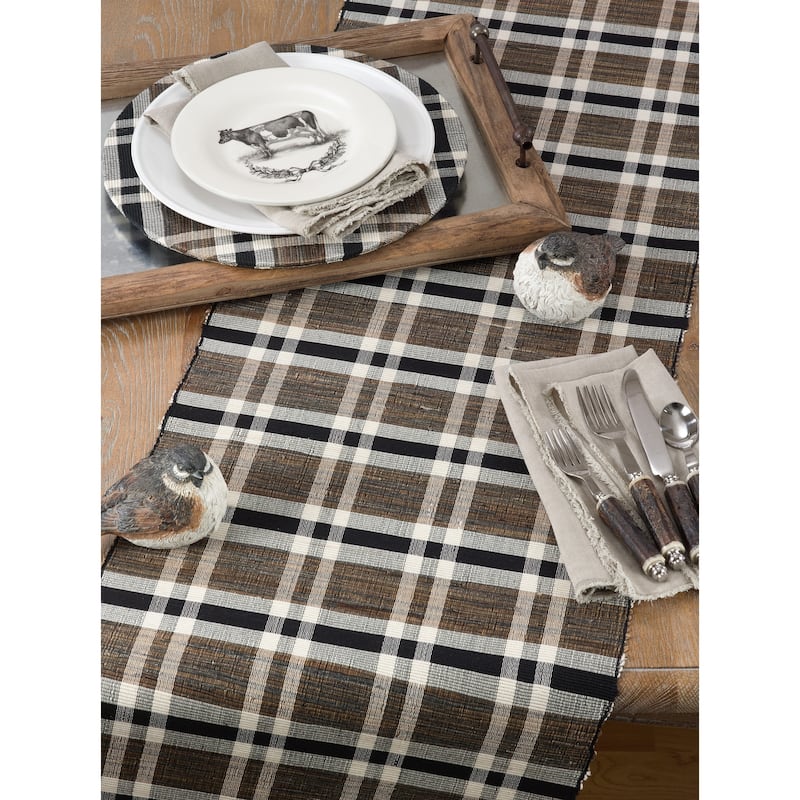 Table Runner With Plaid Woven Water Hyacinth Design - 16" x 72"