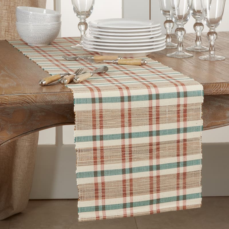 Table Runner With Plaid Woven Water Hyacinth Design - 16" x 72"